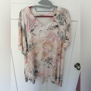 Seven Forty Two XXL Embellished Abstract Blouse Pink Beige Rhinestone Top